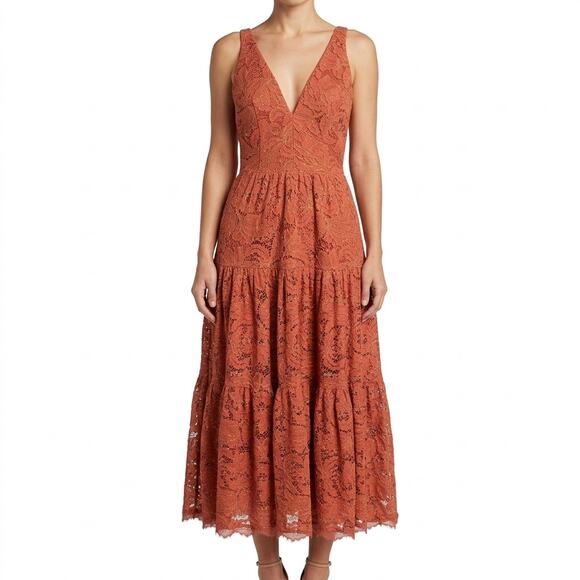 Dress the Population Dresses & Skirts - Dress the Population Burnt Orange Gold Lace Tiered V-Neck Midi Dress size S